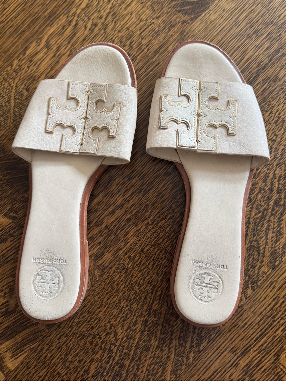 Tory Burch Cream Leather Slide Mules with Logo Accent